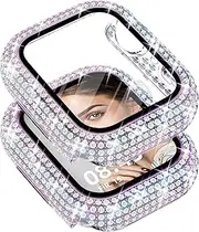Bling Watch Case with HD Screen Protector Women Compatible with Apple Watch 42mm Full Diamond Protective Face Cover PC Frame Protector for iWatch Series 1/2/3 Rainbow
