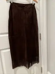 Vtg Cuir Zebra Leather Brown Suede Long Western Skirt W/ Fringe Sz 10 NWT