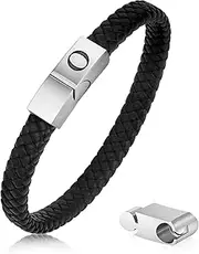 [HEVIBK] Men's Leather Bracelet Adjustable Length with Letters Stainless Steel Engraving A-Z Letter Bracelet Men Black Braided Leather Bracelet with Magnetic Clasp
