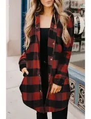 Red Turn-down Collar Plaid Shirt Coat