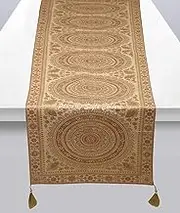 Stylo Culture Decorative Ethnic Living Room Table Runner Traditional Gold Large Party Decor Round Mandala 68 Inch Long Brocade Jacquard Tassel Work Table Cloth Rectangle (68 x 16 Inch)