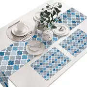 Catzon Cotton Linen Table Runners Placemats Moroccan Geometric Restaurant Decoration-Blue