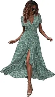 [SHINsuke] Women Summer Boho Floral Short Sleeve Maxi Dress, Tea Casual V Neck Side Split Long A-Line Swing Wrap Dress Spring Holiday