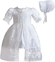 [Romping House] Baby Girls 3Pcs Organza Lace-Overlay Christening Gown Baptism Dress with Bonnet