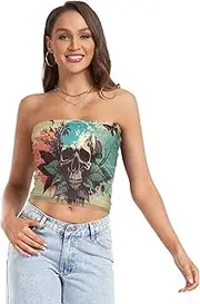 [RPLIFE] Blue Red Watercolor Skull Head Tube Top Mesh Tube Tops, Strapless Cami, Summer Tube Tops for Women (S)