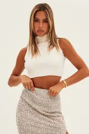 White Knit Top Sleeveless Roll Neck Crop - Size XL, Women's Crop Knitted