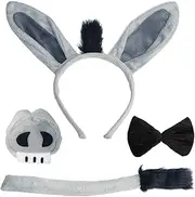Donkey Costume Accessory Set- Donkey Ears Headband Tail Nose and BowTie, Animal Props Halloween Cosplay Kit (4 Pieces), Gray, One Size