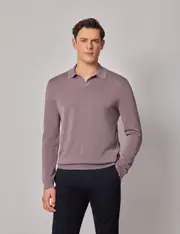 Hawes & Curtis Dusty Lilac Open Collar Knitted Cotton Polo Shirt | Long Sleeve Size: XXL