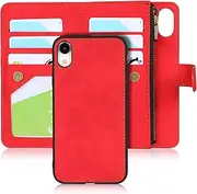 Cavor for iPhone XR Case[6.1 inch] PU Leather Folio Flip Cover Kickstand 2 in 1 Detachable Wallet Magnetic Case Zipper Coin Pocket 6 Card Slots-Red