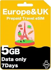 Europe & UK Prepaid Travel eSIM Card - 33 Countries, High-Speed Data, Unlimited Data at 128kbps, Data-Only (5GB (7 Days))