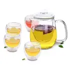 Clear Glass Coffee Tea Set- Teapot + 4 Double Wall Coffee Tea Cups Mugs