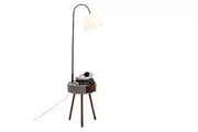 New Oriental Zoltan Rubberwood Floor Lamp On Side Table Linen Shade W/ USB Port Charging - Off White/Grey