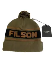 Filson Seattle Beanie Big Logo Hat Army Green Acrylic Pom Cap NWT Made USA
