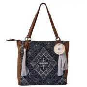 the sak Montara Leather Blue Diamond Tapestry Fringe Tote Bag Shoulder Handbag