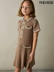 Reiss Brown Sofia 9-13 yrs Rib-Knit Button-Down Dress (AK0959) | $140
