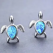 Blue Fire Opal Sea Turtle Tortoise Silver Stud Earrings Women�s Jewellery Gift