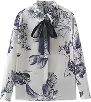 [Generic] 2024 Spring Bow Women Printed Shirt And High Waist Long Skirt Set Spliced Long Sleeves Shirt Skirt Suit