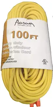 100 Feet 3 Outlet Extension Cord 14AWG Indoor/Outdoor Use Yellow With Holder
