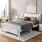 ALFORDSON Bed Frame Queen Wooden Bed Base with Solid Wood Pine Timber Slats, Mattress Base Platform Support, White Bed Foundation with Storage Space, Arne Series Home Bedroom Furniture