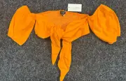 In The Style Saffron Barker Tie Front, Bardot Crop Top, Orange, Size 14, New, sf