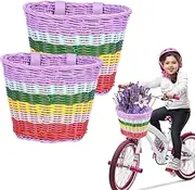 2 Pcs Kids Bicycle Basket, Hand-Woven Rainbow Color Bike Basket, Toddler Scooter Baskets, Waterproof Tricycle Basket, with Adjustable Strap for Boys Girls Bicycle Scooter Tricycle (Rainbow)