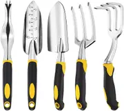 5 Piece Gardening Tools Set Includes Hand Trowel, Transplant Trowel and Cultivator Hand Rake