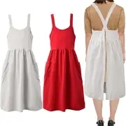 Cotton Linen Apron Cross Back Work Apron for Women with 2 Pack-red+white