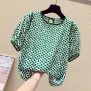 ZANZEA Females Polka Dot Top with Back Tie Lantern Sleeve and Open-Front Design, Womens Crew Neck Blouses Short Sleeve S