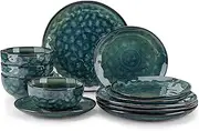 [vancasso] Starry Plates and Bowls Set for 4, 12 Pieces Dinnerware Set, Stoneware Plates Set, Dishwasher and Microwave Safe, Green