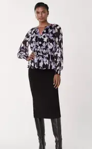 DVF Jacie Chiffon Smocked Blouse Midnight Forest Black XS