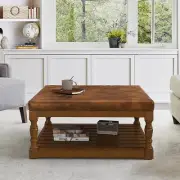 Ottoman Coffee Table 34”Faux Leather Upholstered Tufted Square Ottoman with Wood
