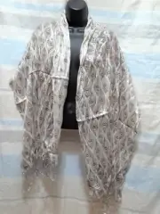 Scarf Long Tassel White Beige Brown Peacock Feather Bird Shiny Glitter Sparkle