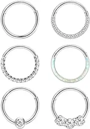 [Kakonia] 6Pcs Septum Rings 16G 18G Surgical Steel Nose Rings Hoop for Women Cartilage Hoop Earring Clicker Septum Jewelry CZ Opal Hinged Nose Ring Lip Helix Daith Rook Tragus Nose Piercing Jewelry