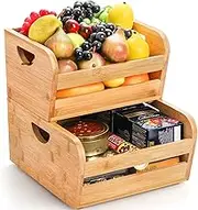 DEAYOU 2 Pack Bamboo Storage Bins, Use as 2 Tier Bamboo Serving Basket, Natural Food Organize Basket Box with Handle for Counter Top, Veg, Bread, Pantry