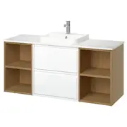 ÄNGSJÖN / BACKSJÖN wash-stand/wash-basin/tap, high-gloss white/oak effect/white marble effect, 142x49x71 cm