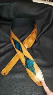 Guitar strap leather tooled all hand made in USA 3" tuscon inlay BB aqua