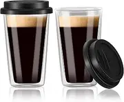 Decostatue 2 Pack Glass Coffee Mugs with Silicone Lids, 12oz Reusable Glass Coffee Cups, Double Walled Insulated Coffee Mugs Perfect for Tea, Cappuccino, Latte, Hot or Cold Drink