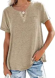[Zylphorix] Women V-Neck Short Sleeve Pocket T-Shirt Loose Fitting Basic Plain Tee Tops Casual Neck Button Pullover Tee