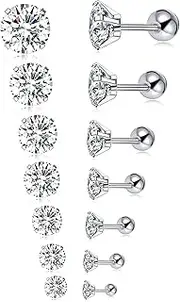 [Tornito] 7 Pairs 18G 20G Stainless Steel Stud Earrings Round Cubic Zirconia Barbell Earring Set For Men Women 2MM-8MM Silver Tone
