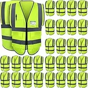 Leumoi 30 Pcs Reflective Safety Vest with Pockets and Zipper High Visibility Vest for Women Men Work