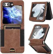 JGY Samsung Galaxy Z Flip 6 Case Leather Wallet, Z Flip 6 Wallet case with Hinge Protection Card Slots PU Leather Card Holder Rugged Non-Slip Full Body Drop Protector Back case for Man Woman (Brown)
