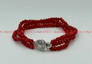 3Rows Natural Red Jade Gemstone Faceted Rondelles Beaded Bracelet 7.5" 2x4mm