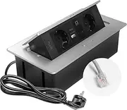 GTV Multisoft Aluminium Built-in Socket with 2 x Schuko, USB A+C, RJ45, Retractable with Cover, 1.5 m Cable, Ideal for Desk, Conference Table or Kitchen worktop