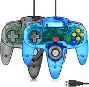 2 Pack Wired USB N64 Controller, FISUPER Classic Video Game Controller USB Gamepad for Windows PC MAC Raspberry PI Retropie (Clear Black + Clear Blue)