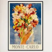 Galrie Monte Carlo Vintage Travel Poster with Bouquet of Flowers Art for Home Décor, Black Frame, 70 x 100cm (28 x 40inch)