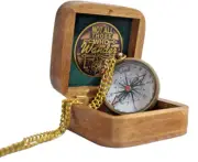 Vintage Brass Chain Compass Nestled in a Beautifully Crafted Wooden Box