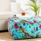 Turquoise Bird Printed Velvet Square Ottoman Cover Throw Big Size Ottoman Cover