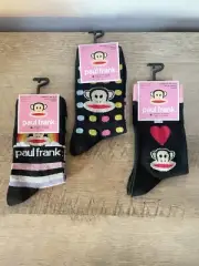 Paul Frank Socks 3 PAIR Women’s One Size U.S 6-9.5 Black Heart & Monkey