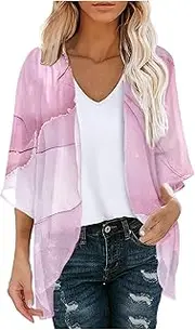 Summer Chiffon Cardigan for Women Lightweight Floral Puff Sleeve Kimono Beach Cover Up Loose Casual Blouse