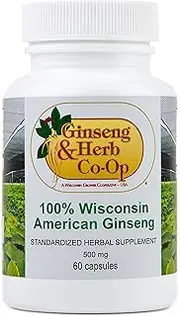 100% Pure Wisconsin American Ginseng Capsules - 500mg. Authentic Panax Quinquefolius. Potent Ground Ginseng Root - No Fillers, Binders or Other Additives.